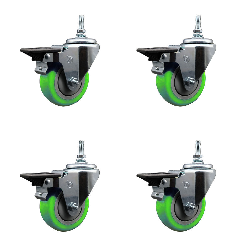 SCC-TS20S3514-PPUB-GRN-PLB-M1215-4 Polyurethane Swivel Threaded Stem Caster with 3.5 x 1.25 in. Green Wheels & 12 mm Stems - Set of 4