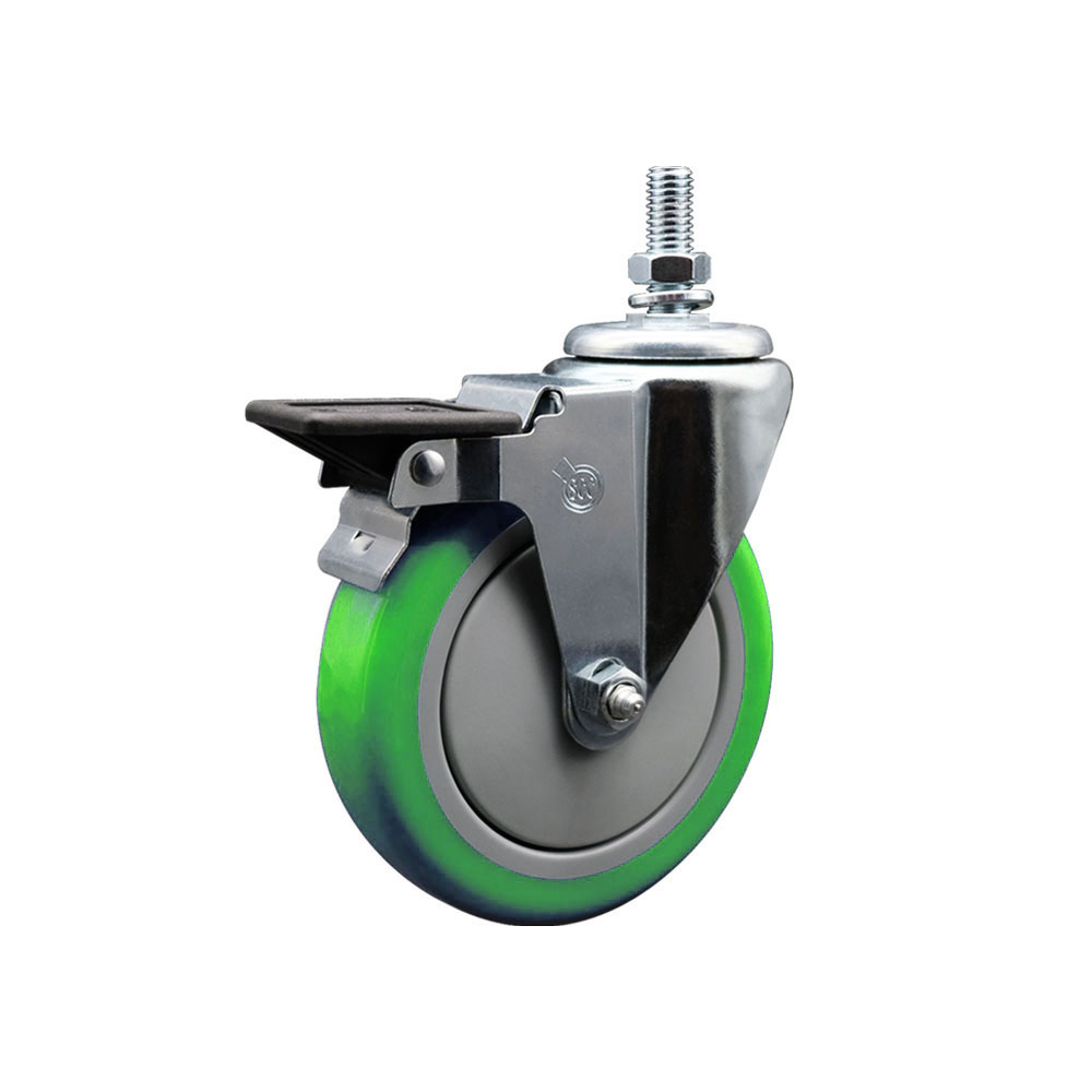 SCC-TS20S514-PPUB-GRN-PLB-121315 Polyurethane Swivel Threaded Stem Caster with 5 x 1.25 in. Green Wheel & 0.5 in. Stem & Posi Locking Brake