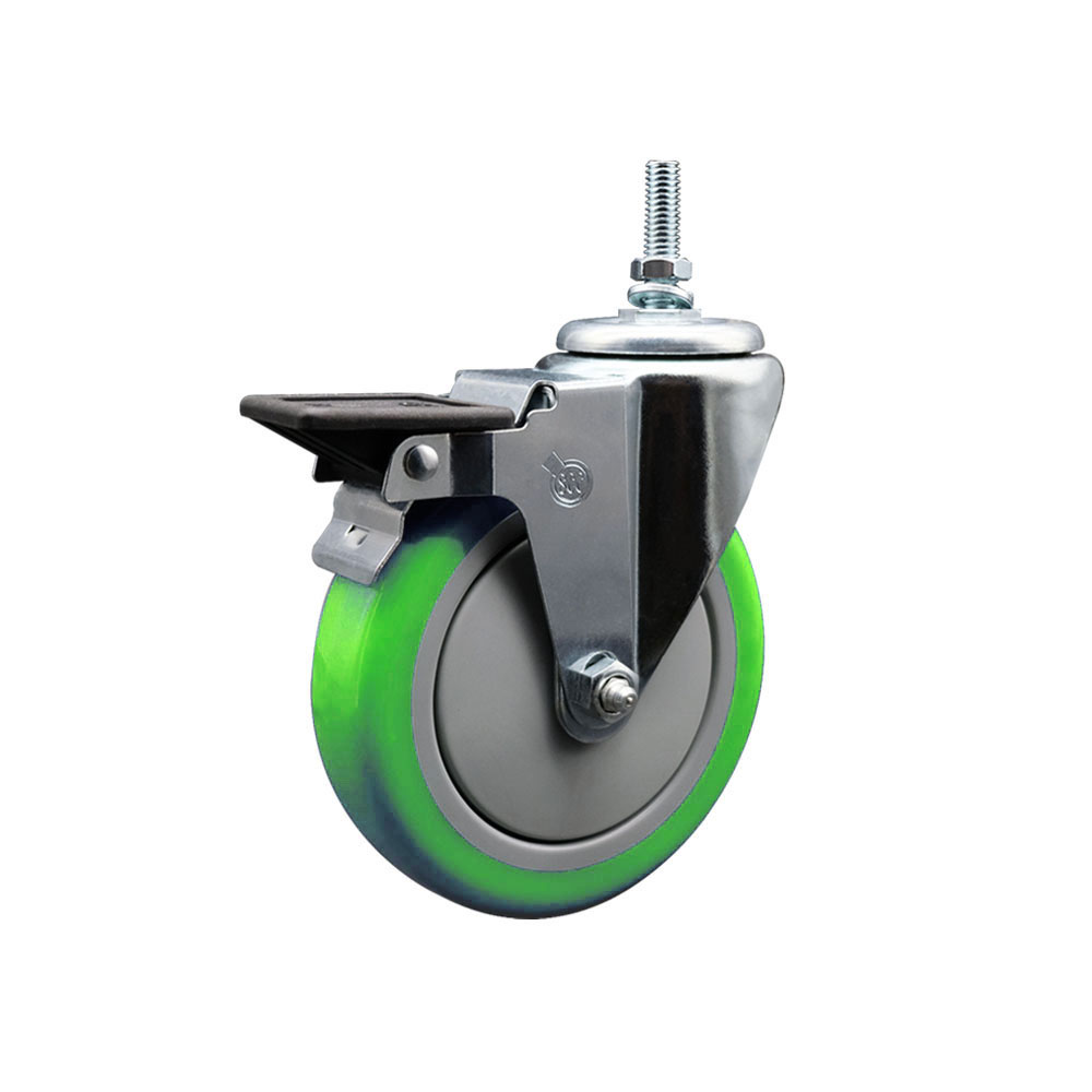 SCC-TS20S514-PPUB-GRN-PLB-381615 Polyurethane Swivel Threaded Stem Caster with 5 x 1.25 in. Green Wheel & 0.38 in. Stem & Posi Locking Brake