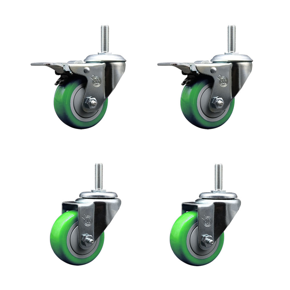 SCC-TSTTL20S314-PPUB-GRN-34212-2-S-2 Polyurethane Swivel Threaded Stem Caster with 3 x 1.25 in. Green Wheels & 0.75 in. Stems - Set of 4