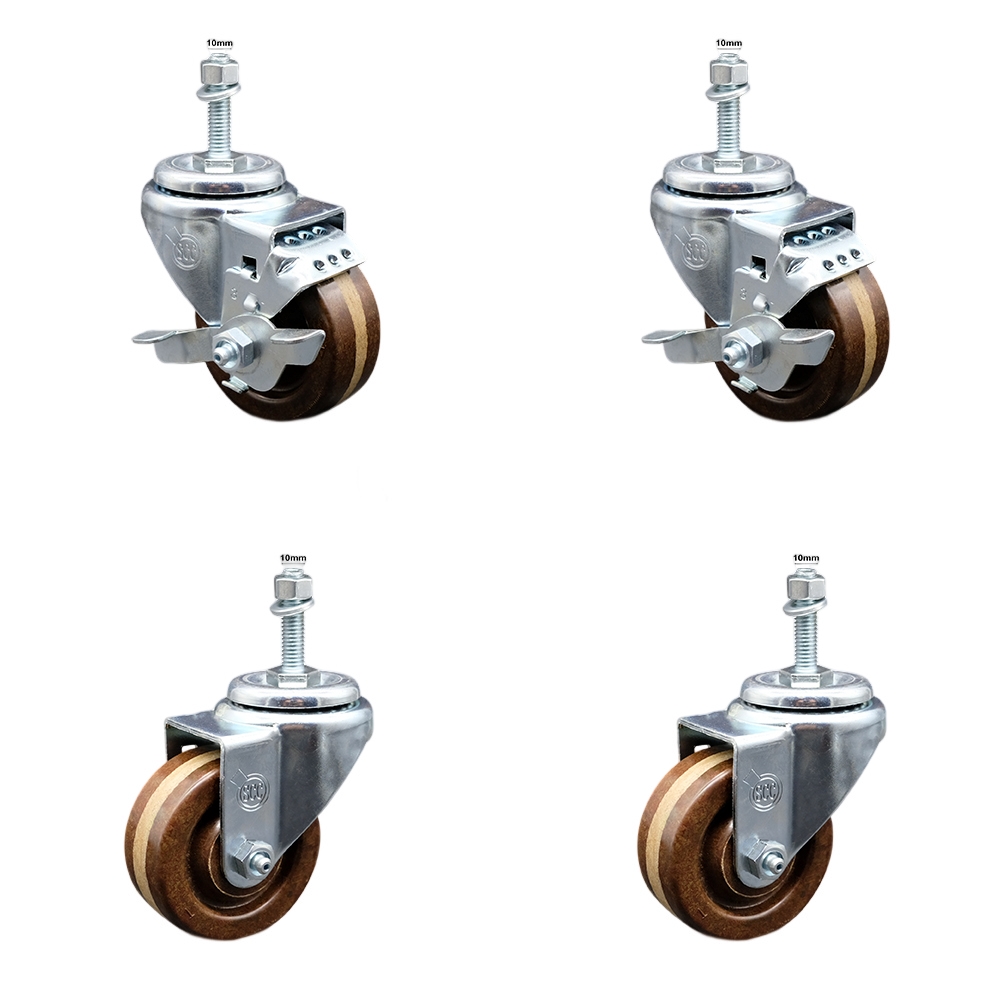 SCC-TS20S314-PHSHT-M1015-2-TLB-2 High Temperature Phenolic Swivel Threaded Stem Caster 3 x 1.25 in. Brown Wheels & 10 mm Stems - Set of 4
