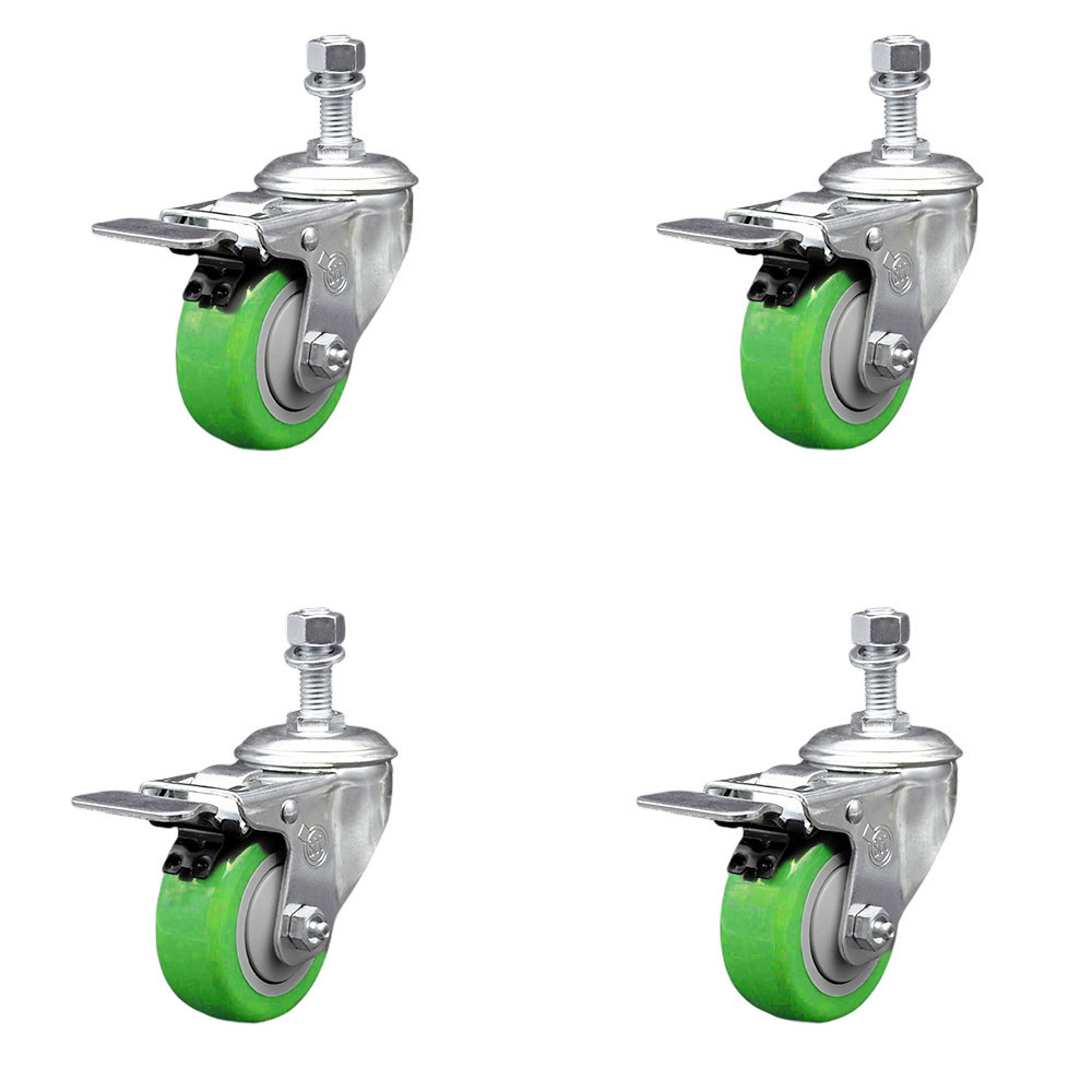 SCC-TSTTL20S314-PPUB-GRN-M1215-4 Polyurethane Swivel Threaded Stem Caster with 3 x 1.25 in. Green Wheels & 12 mm Stems - Set of 4