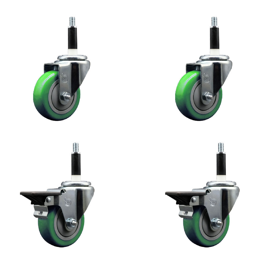 SCC-EX20S3514-PPUB-GRN-2-PLB-2-78 Polyurethane Swivel Expanding Stem Caster with 3.5 in. Green Wheels & 0.87 in. Stems - Set of 4