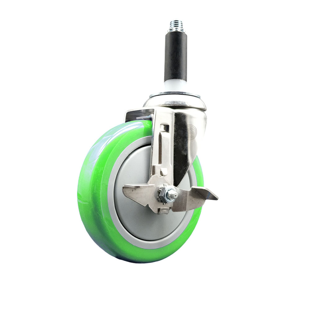 Polyurethane Swivel Stem Caster with 5 in. Green Caster Wheels & Top Lock Brake, 0.87 in. Expanding Stem - 316 Stainless Steel Caster