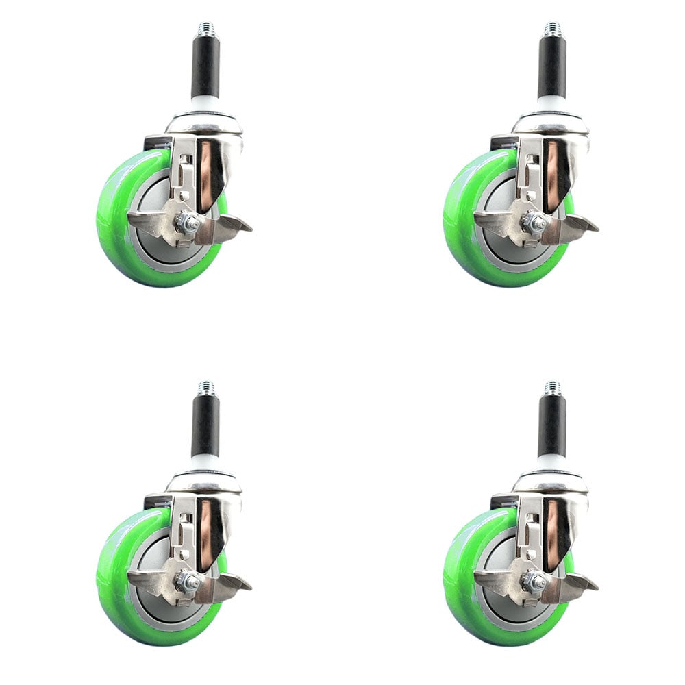 Polyurethane Swivel Stem Caster with 4 in. Green Caster Wheels, 0.87 in. Expanding Stems - 316 Stainless Steel Casters - Set of 4