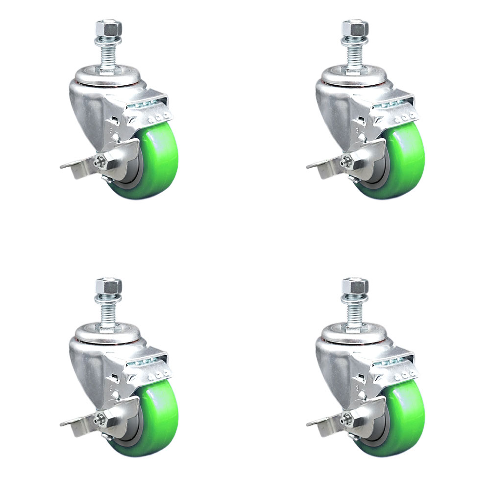 SCC-SSTS20S314-PPUB-GRN-TLB-M1215-4 Stainless Steel Polyurethane Swivel Threaded Stem Caster with 3 x 1.25 in. Green Wheels & 12 mm Stems - Set of 4