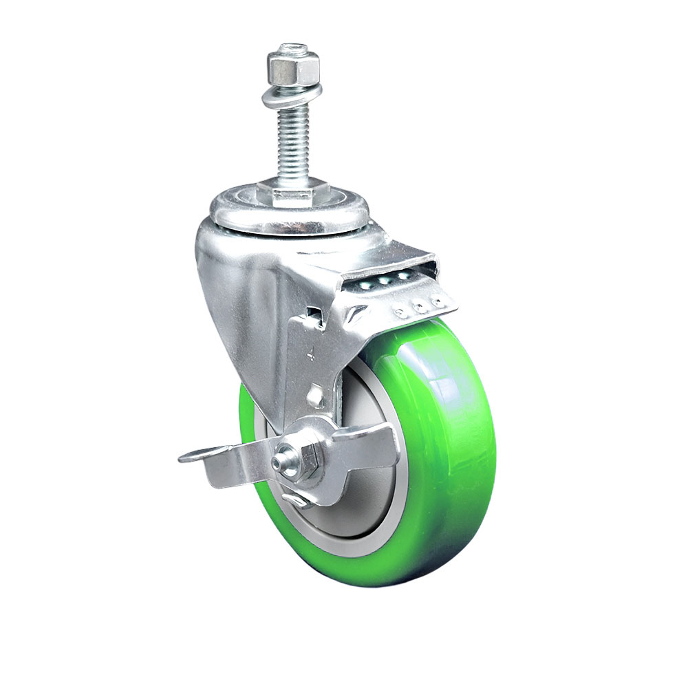 Stainless Steel Polyurethane Swivel Threaded Stem Caster with 4 x 1.25 in. Green Wheel & 0.38 in. Stem & Top Locking Brake