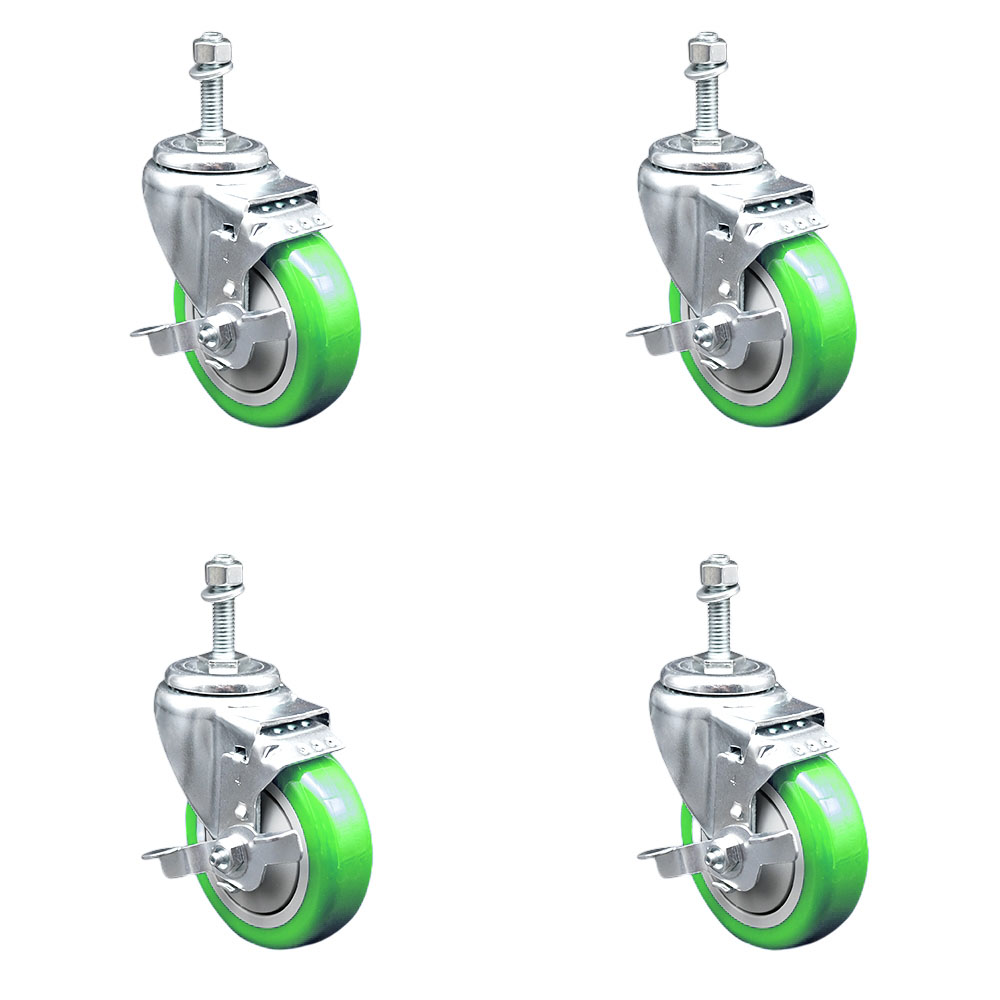 SCC-SSTS20S414-PPUB-GRN-TLB-M1015-4 Stainless Steel Polyurethane Swivel Threaded Stem Caster with 4 x 1.25 in. Green Wheels & 10 mm Stems - Set of 4