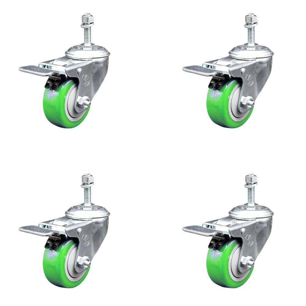 Stainless Steel Polyurethane Swivel Threaded Stem Caster with 3 x 1.25 in. Green Wheels & 0.38 in. Stems - Set of 4