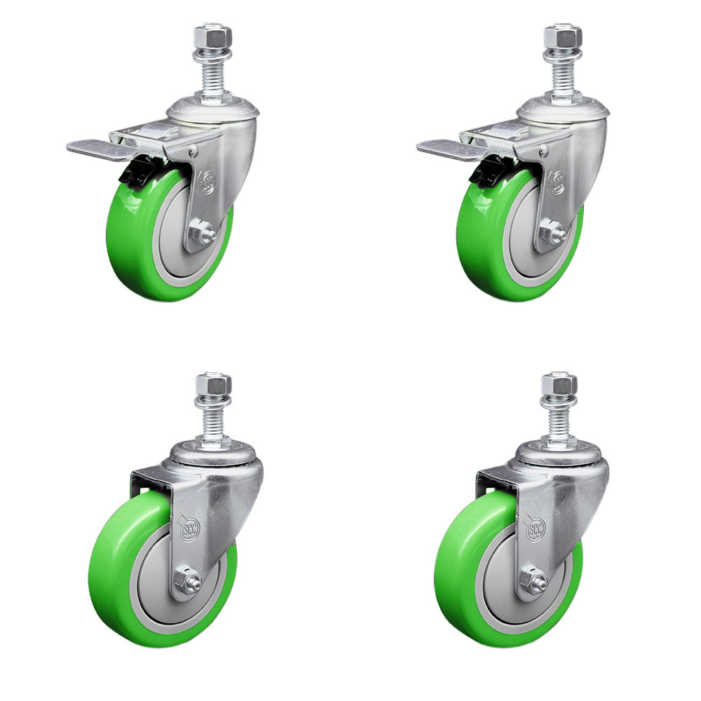 Stainless Steel Polyurethane Swivel Threaded Stem Caster with 4 x 1.25 in. Green Wheels & 0.5 in. Stems - Set of 4
