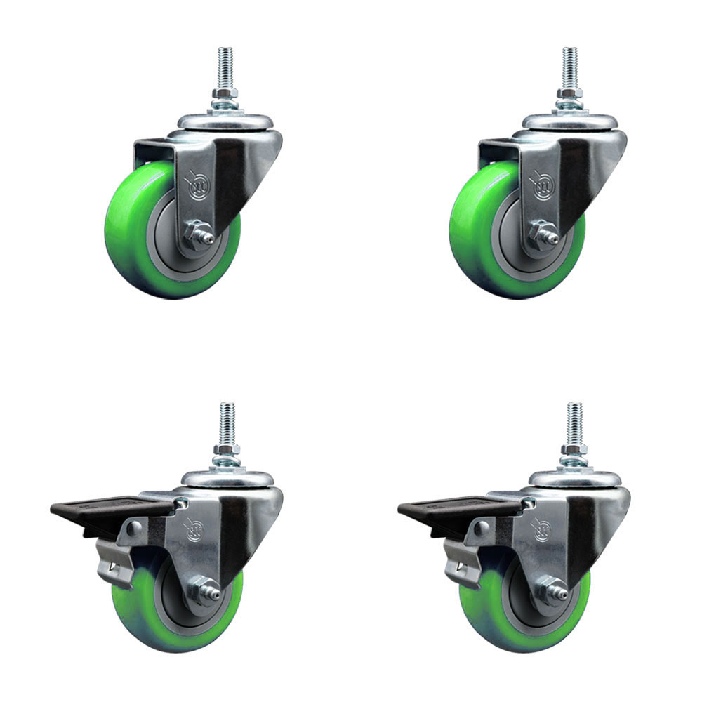 SCC-TS20S314-PPUB-GRN-381615-2-PLB-2 Polyurethane Swivel Threaded Stem Caster with 3 x 1.25 in. Green Wheels & 0.38 in. Stems - Set of 4