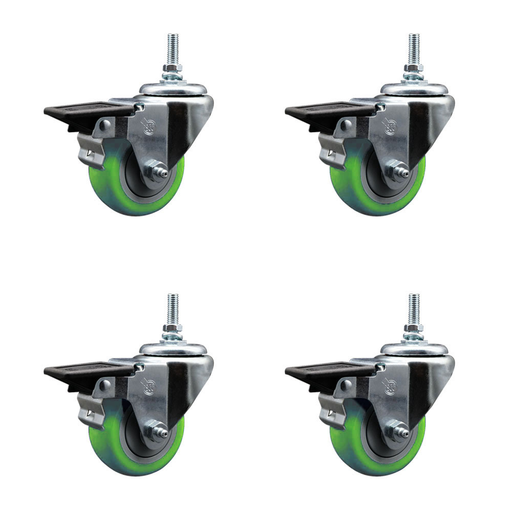 SCC-TS20S314-PPUB-GRN-PLB-381615-4 Polyurethane Swivel Threaded Stem Caster with 3 x 1.25 in. Green Wheels & 0.38 in. Stems - Set of 4
