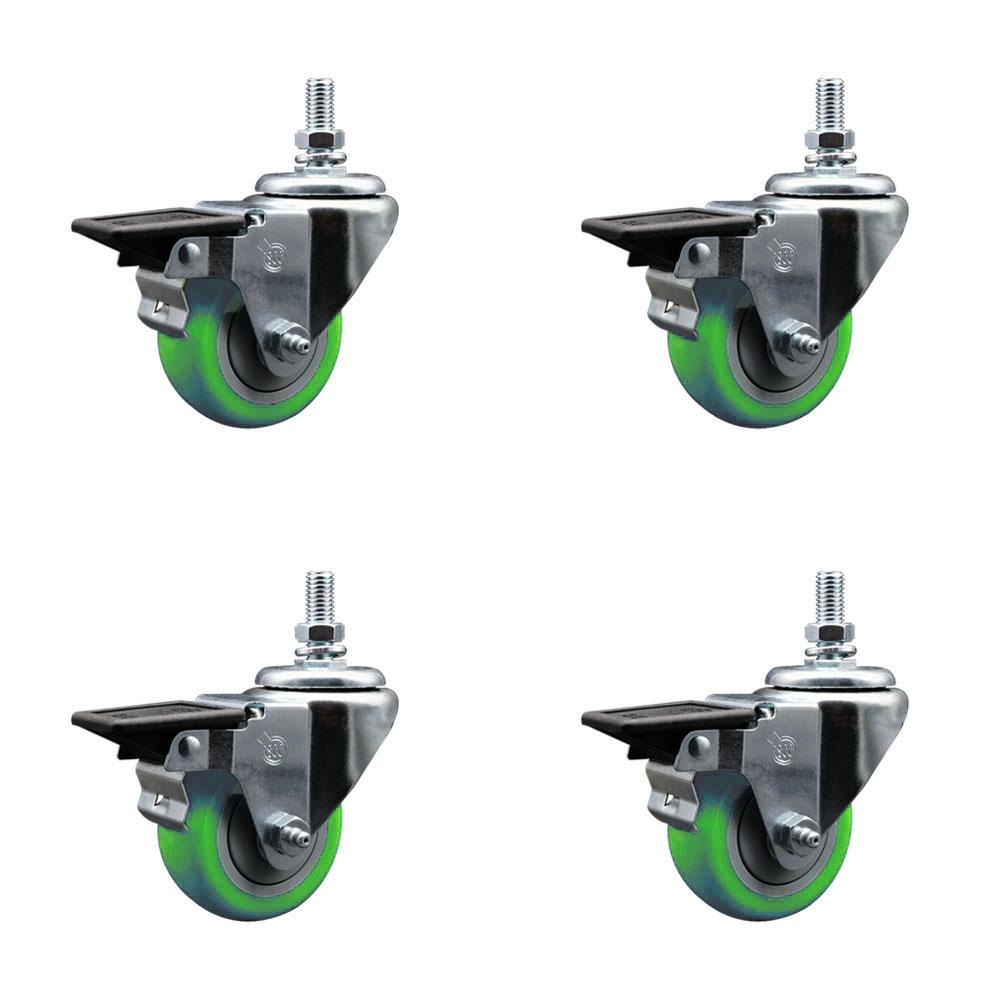 SCC-TS20S314-PPUB-GRN-PLB-M1015-4 Polyurethane Swivel Threaded Stem Caster with 3 x 1.25 in. Green Wheels & 10 mm Stems - Set of 4