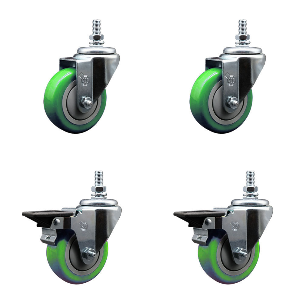 SCC-TS20S3514-PPUB-GRN-M1015-2-PLB-2 Polyurethane Swivel Threaded Stem Caster with 3.5 x 1.25 in. Green Wheels & 10 mm Stems - Set of 4