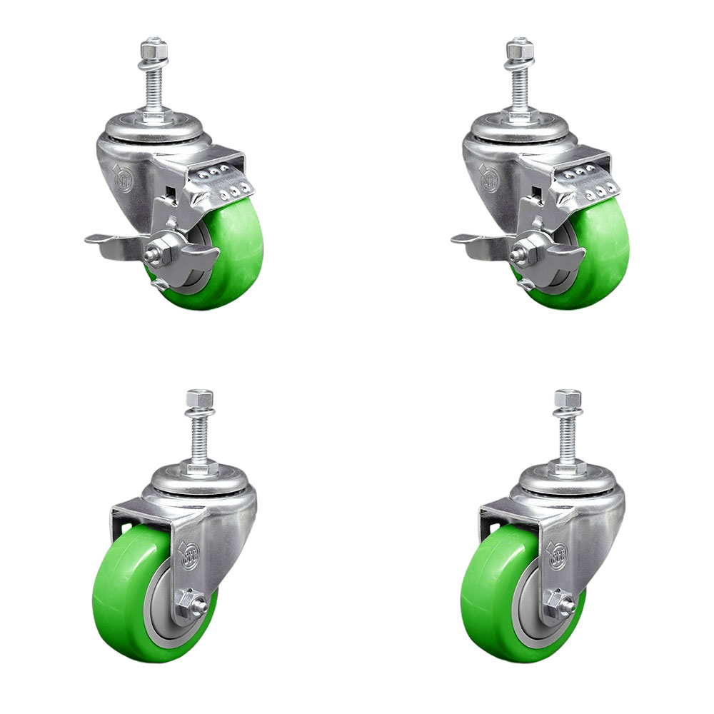 SCC-TS20S3514-PPUB-GRN-TLB-M1015-2-S-2 Polyurethane Swivel Threaded Stem Caster with 3.5 x 1.25 in. Green Wheels & 10 mm Stems - Set of 4