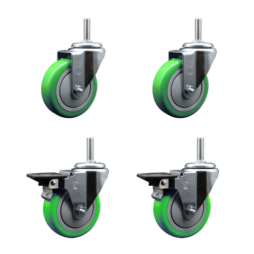 SCC-TS20S414-PPUB-GRN-58212-2-PLB-2 Polyurethane Swivel Threaded Stem Caster with 4 x 1.25 in. Green Wheels & 0.63 in. Stems - Set of 4