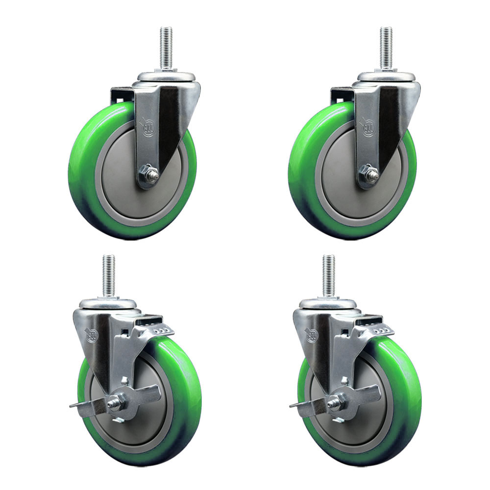 SCC-TS20S514-PPUB-GRN-58212-2-TLB-2 Polyurethane Swivel Threaded Stem Caster with 5 x 1.25 in. Green Wheels & 0.63 in. Stems - Set of 4