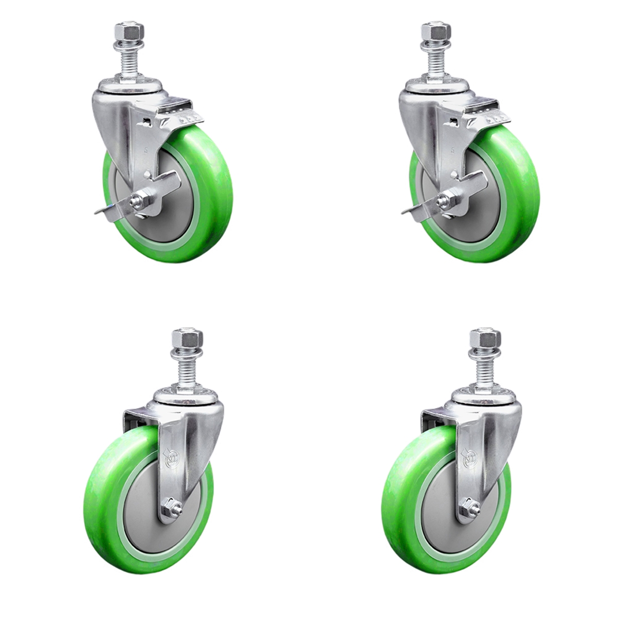 SCC-TS20S514-PPUB-GRN-TLB-121315-2-S-2 Polyurethane Swivel Threaded Stem Caster with 5 x 1.25 in. Green Wheels & 0.5 in. Stems - Set of 4