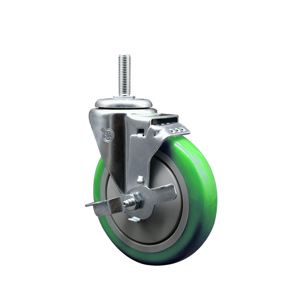SCC-TS20S514-PPUB-GRN-TLB-58212 Polyurethane Swivel Threaded Stem Caster with 5 x 1.25 in. Green Wheel & 0.63 in. Stem & Top Locking Brake