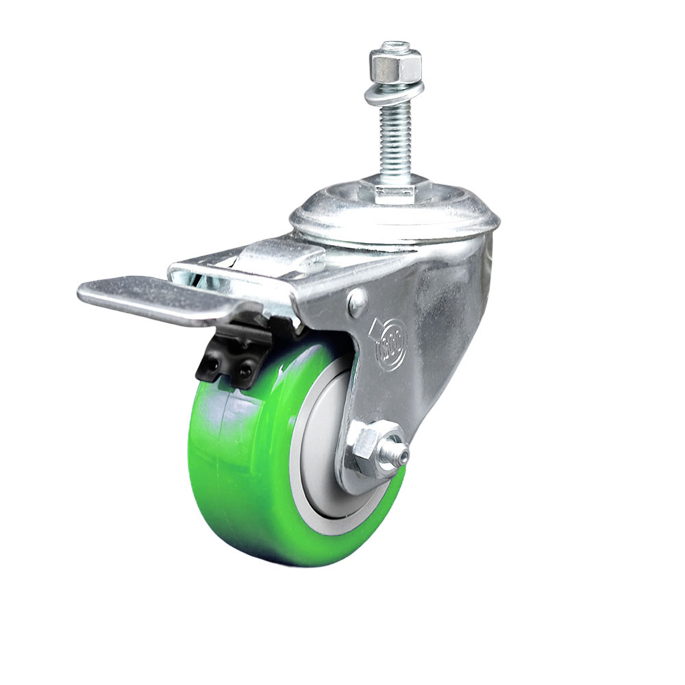 SCC-TSTTL20S314-PPUB-GRN-M1015 Polyurethane Swivel Threaded Stem Caster with 3 x 1.25 in. Green Wheel & 10 mm Stem & Total Locking Brake