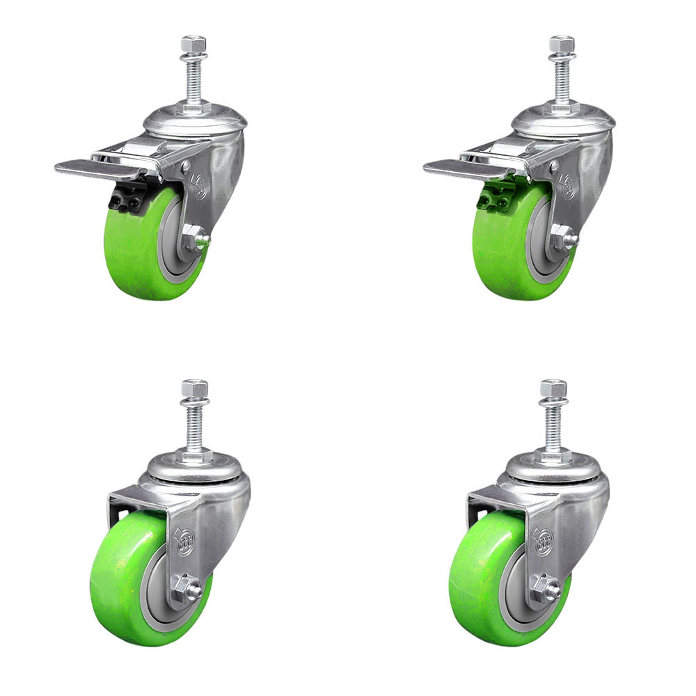 SCC-TSTTL20S3514-PPUB-GRN-M1015-2-S-2 Polyurethane Swivel Threaded Stem Caster with 3.5 x 1.25 in. Green Wheels & 10 mm Stems - Set of 4