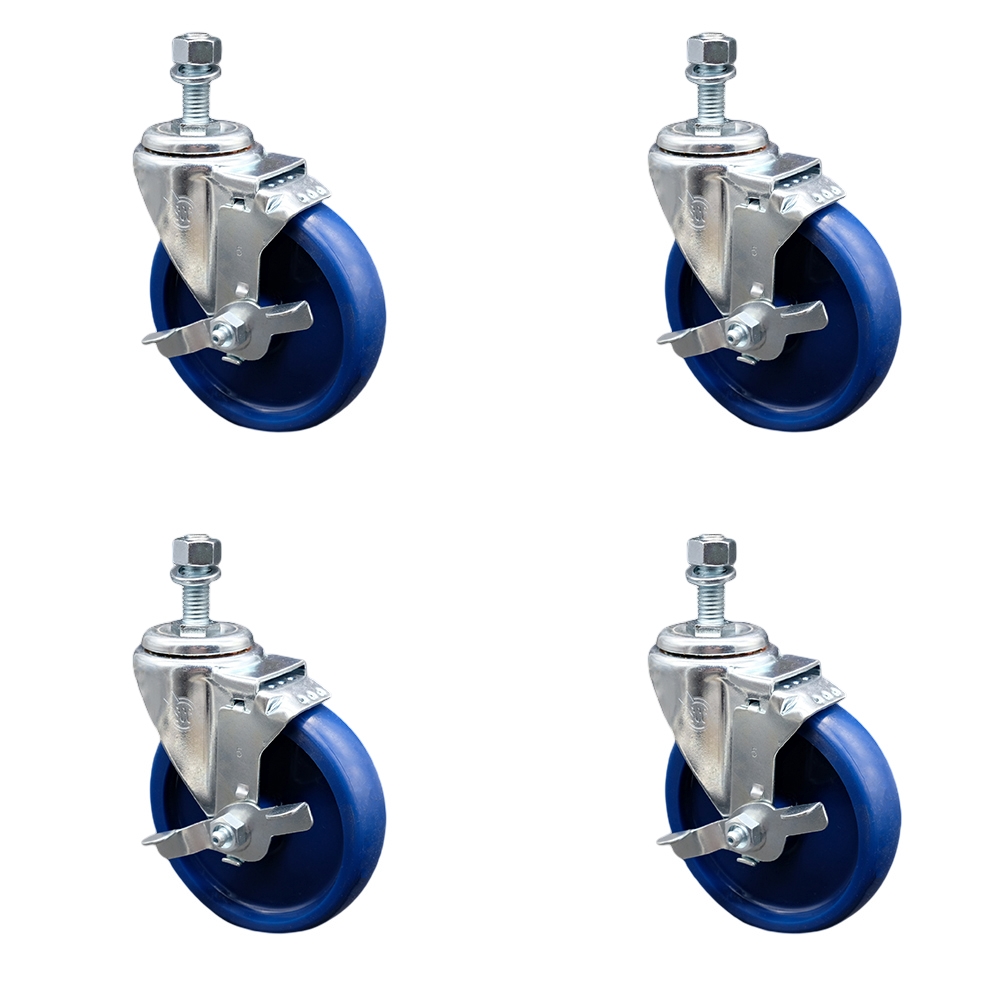 SCC-SSTS20S514-SPUS-TLB-M1215-4 Stainless Steel Solid Polyurethane Swivel Threaded Stem Caster with 5 x 1.25 in. Blue Wheels & 12 mm Stems - Set of 4