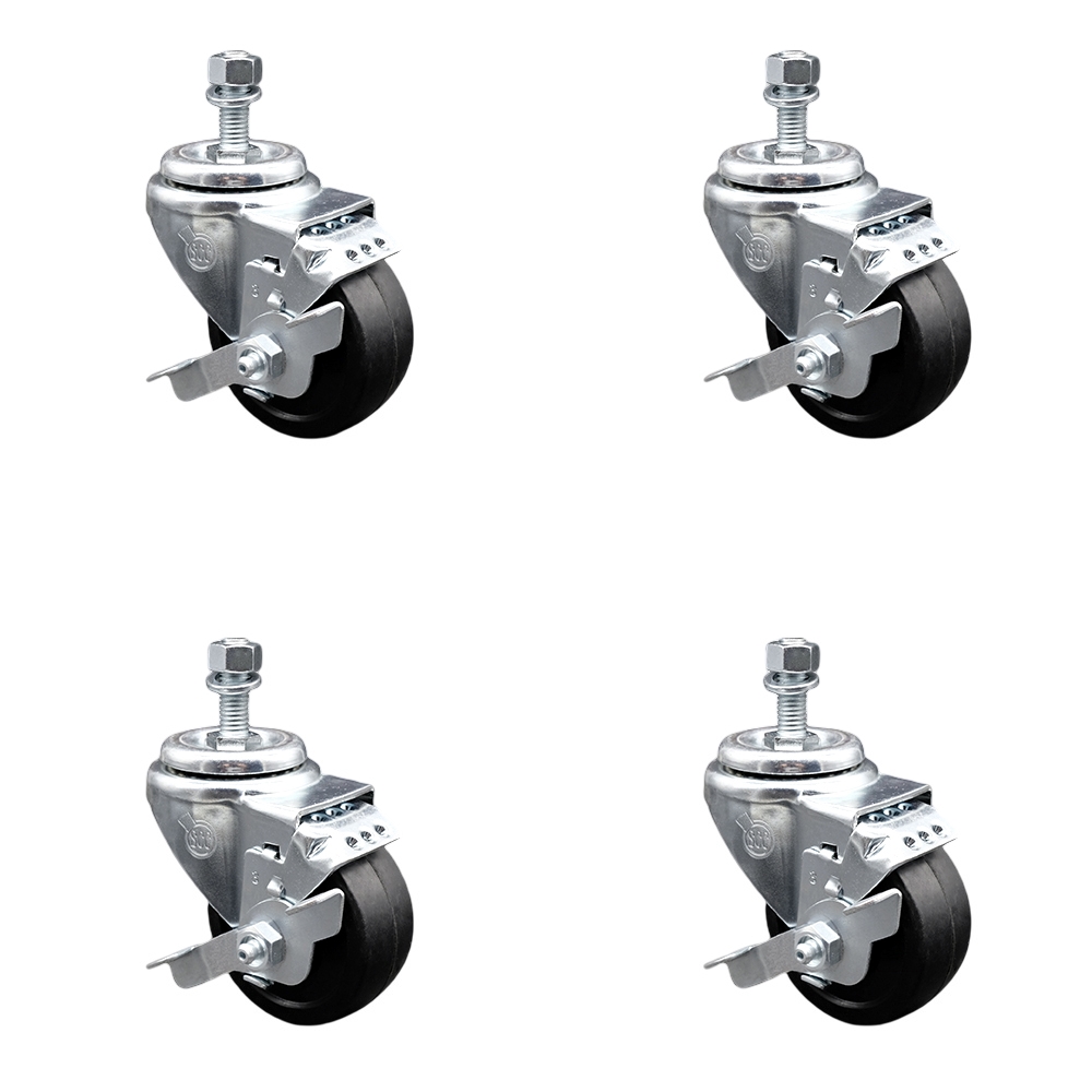 SCC-SSSSTS20S314-SRS-TLB-381615-4 Stainless Steel Soft Rubber Swivel Threaded Stem Caster with 3 x 1.25 in. Black Wheels & 0.38 in. Stems - Set of 4