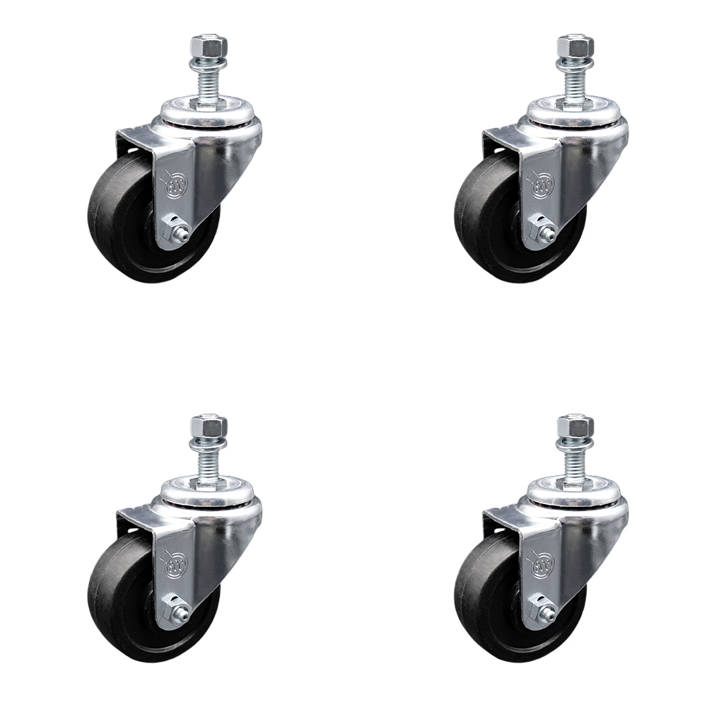 SCC-SSSSTS20S314-SRS-M1015-4 Stainless Steel Soft Rubber Swivel Threaded Stem Caster with 3 x 1.25 in. Black Wheels & 10 mm Stems - Set of 4