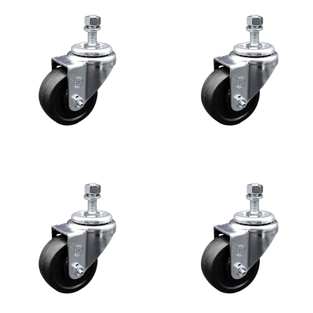 SCC-SSSSTS20S3514-SRS-M1215-4 Stainless Steel Soft Rubber Swivel Threaded Stem Caster with 3.5 x 1.25 in. Black Wheels & 12 mm Stems - Set of 4