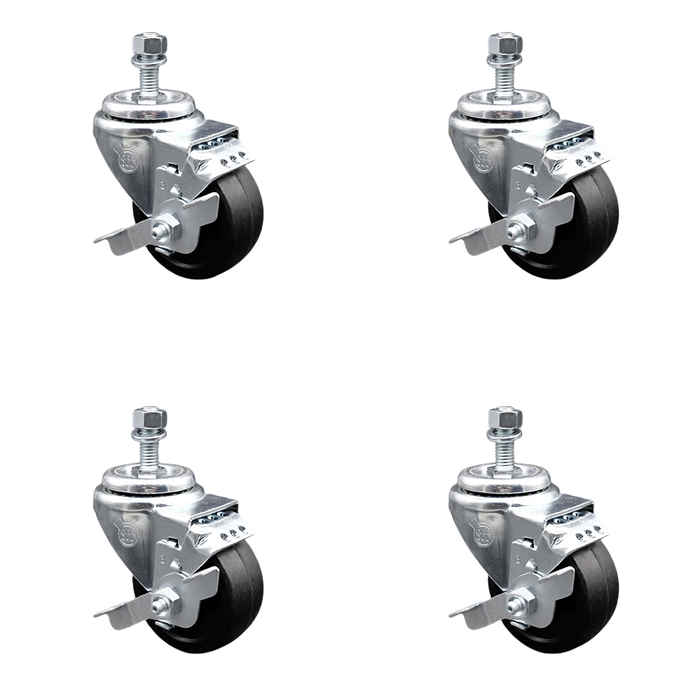 SCC-SSSSTS20S3514-SRS-TLB-M1215-4 Stainless Steel Soft Rubber Swivel Threaded Stem Caster with 3.5 x 1.25 in. Black Wheels & 12 mm Stems - Set of 4