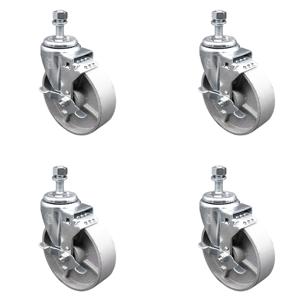 Semi Steel Cast Iron Swivel Threaded Stem Caster with Roller Bearing, 5 x 1.5 in. Silver Wheels & 0.38 in. Stems - Set of 4