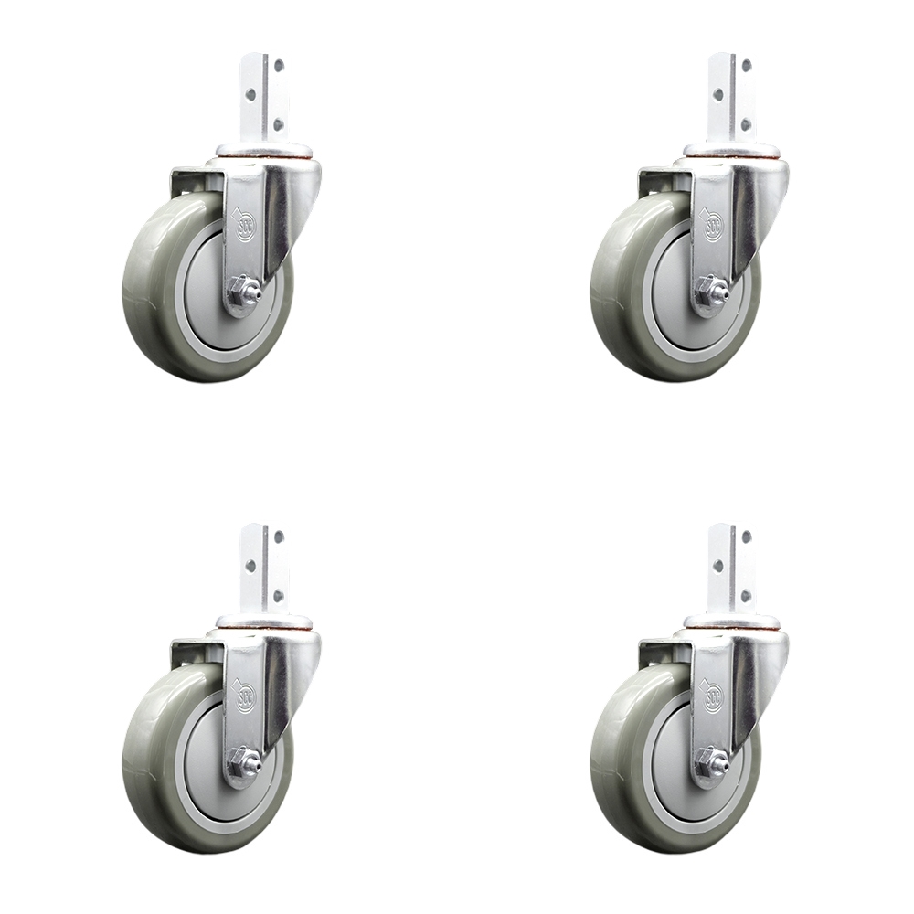 Swivel Square Stem Caster with 4 x 1.25 in. Gray Polyurethane Wheel, 0.75 x 2 in. Square Stem with 3 0.26 in. Diameter Mounting Holes - Set of 4