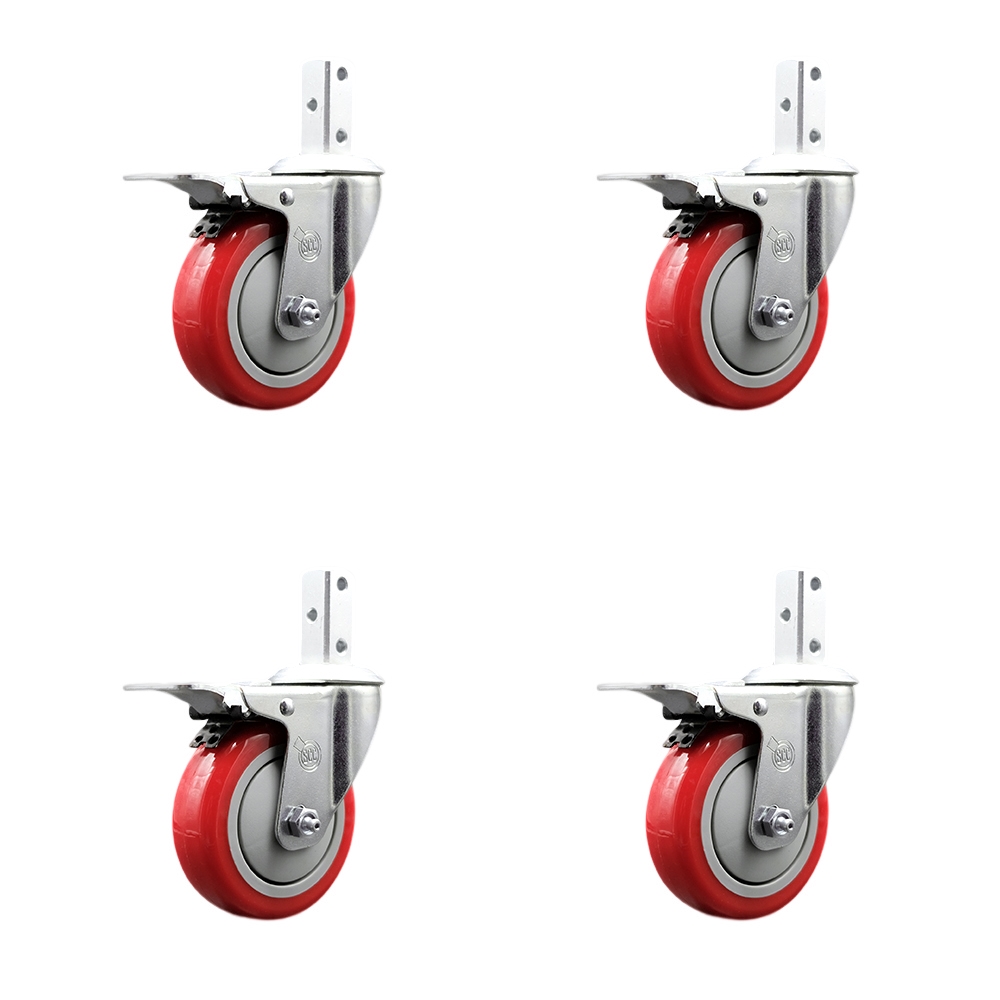 Swivel Square Stem Caster with 4 x 1.25 in. Red Poly Wheel, 0.75 x 2 in. Square Stem with 3 0.26 in. Diameter Mounting Holes - Set of 4