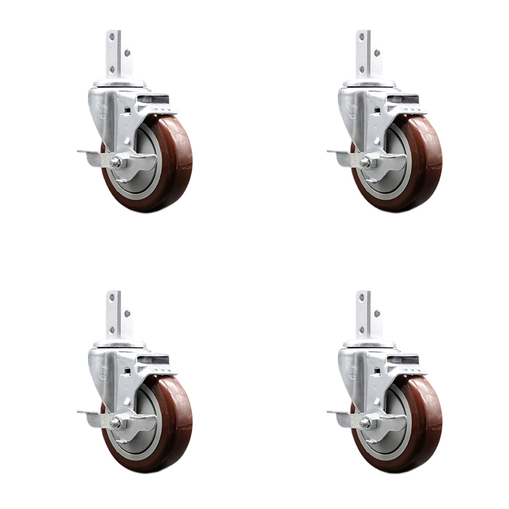 Swivel Square Stem Caster with 4 x 1.25 in. Maroon Poly Wheel, 0.75 x 2 in. Square Stem with 3 0.26 in. Diameter Mounting Holes - Set of 4