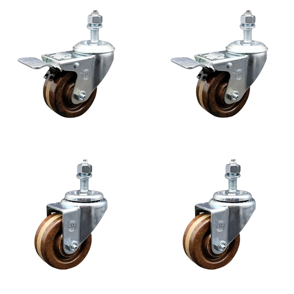 Stainless Steel High Temperature Phenolic Swivel Threaded Stem Caster with 3 x 1.25 in. Brown Wheels & 0.5 in. Stems - Set of 4