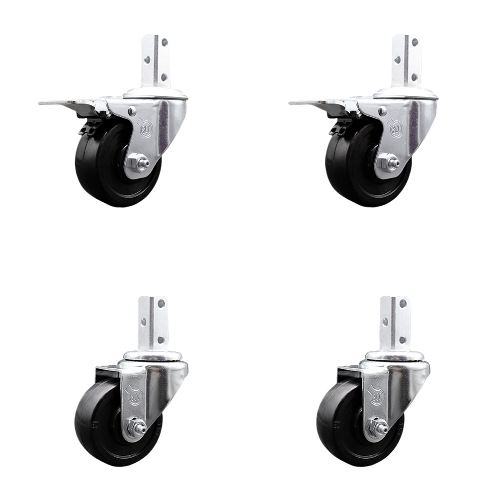Swivel Square Stem Caster with 3 x 1.25 in. Black Soft Rubber Wheel, 0.87 x 2 in. Square Stem with 3 0.26 in. Diameter Mounting Holes - Set of 4