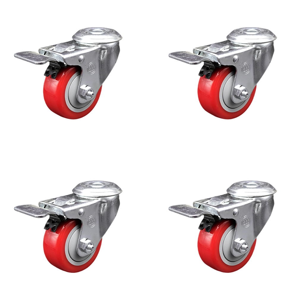 SCC-SSBHTTL20S314-PPUB-RED-4 Stainless Steel Polyurethane Swivel Bolt Hole Caster with 3 x 1.25 in. Red Wheels - Set of 4