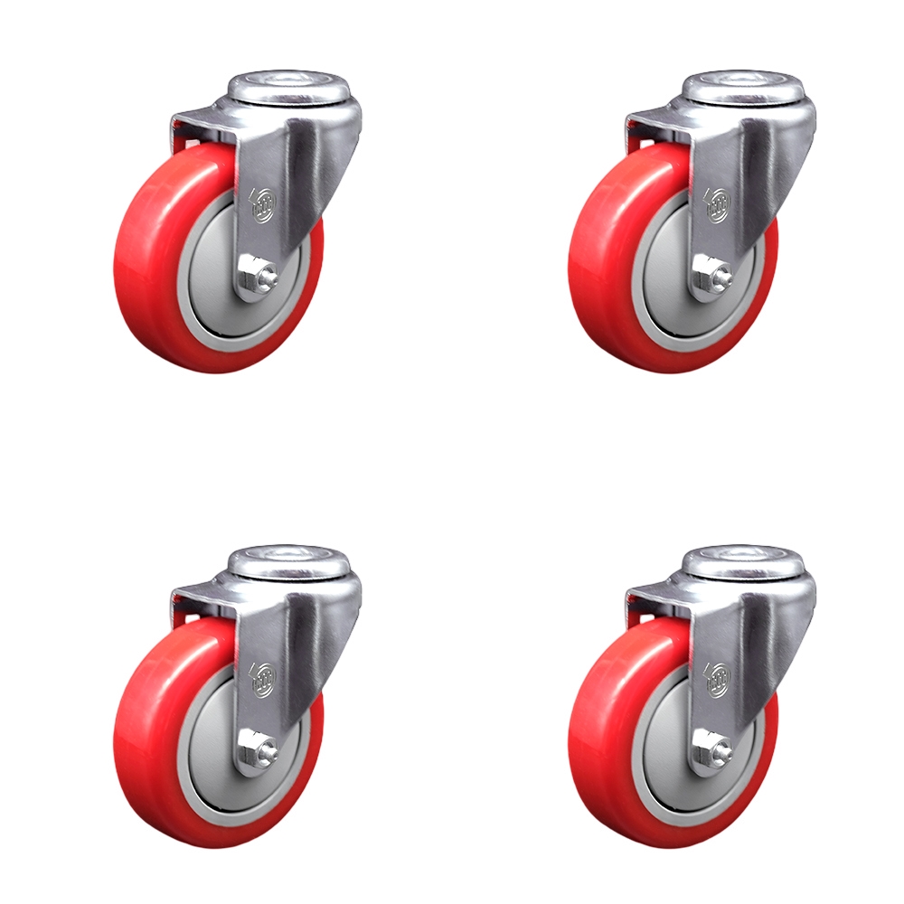 SCC-SSBH20S414-PPUB-RED-4 Stainless Steel Polyurethane Swivel Bolt Hole Caster with 4 x 1.25 in. Red Wheels - Set of 4