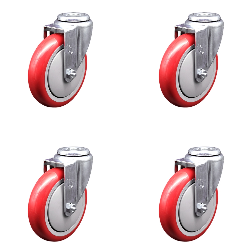 SCC-SSBH20S514-PPUB-RED-4 Stainless Steel Polyurethane Swivel Bolt Hole Caster with 5 x 1.25 in. Red Wheels - Set of 4