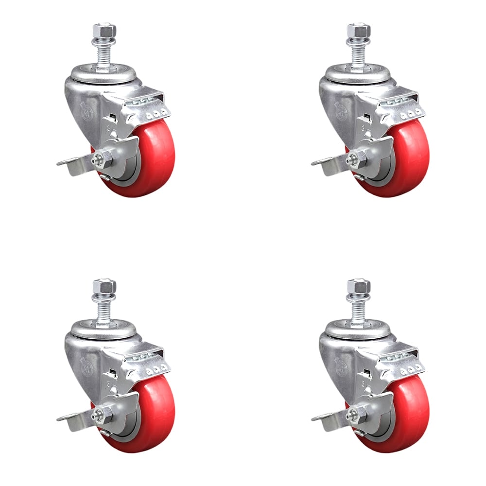 SCC-TS20S3514-PPUB-RED-TLB-121315-4 Polyurethane Swivel Threaded Stem Caster with 3.5 x 1.25 in. Red Wheels & 0.5 in. Stems - Set of 4