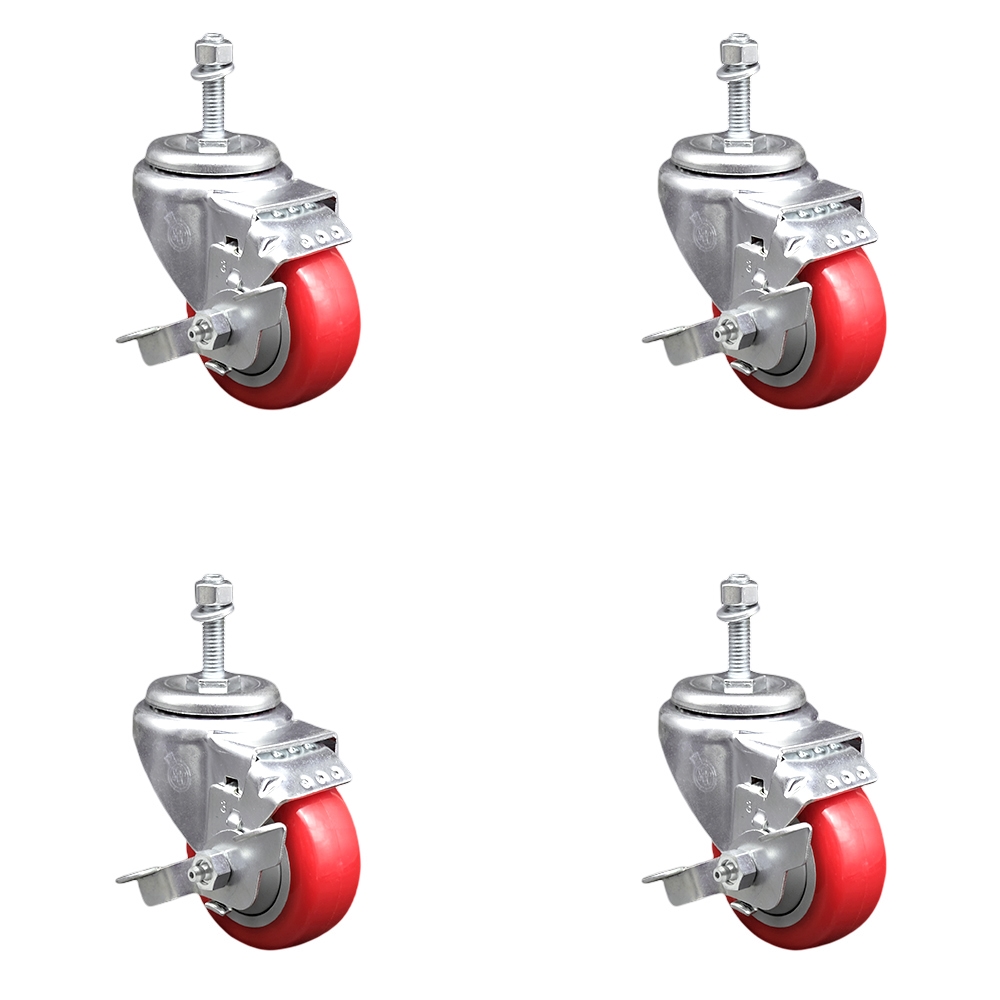 SCC-TS20S3514-PPUB-RED-TLB-381615-4 Polyurethane Swivel Threaded Stem Caster with 3.5 x 1.25 in. Red Wheels & 0.38 in. Stems - Set of 4