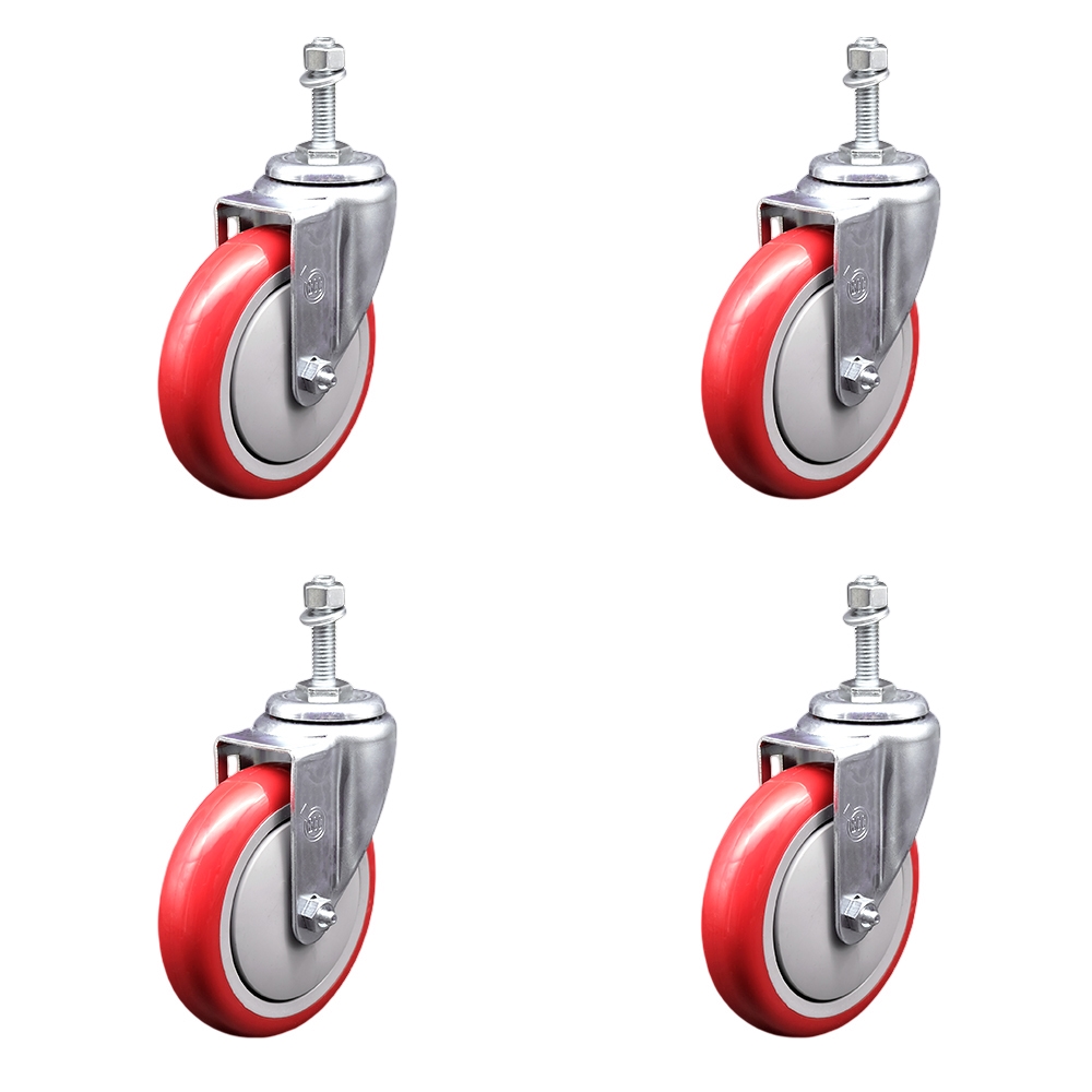 SCC-TS20S514-PPUB-RED-381615-4 Polyurethane Swivel Threaded Stem Caster with 5 x 1.25 in. Red Wheels & 0.38 in. Stems - Set of 4