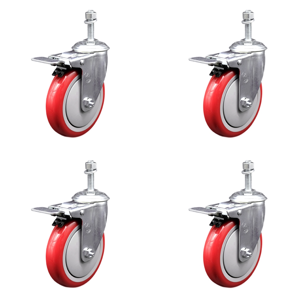 SCC-TSTTL20S514-PPUB-RED-381615-4 Polyurethane Swivel Threaded Stem Caster with 5 x 1.25 in. Red Wheels & 0.38 in. Stems - Set of 4
