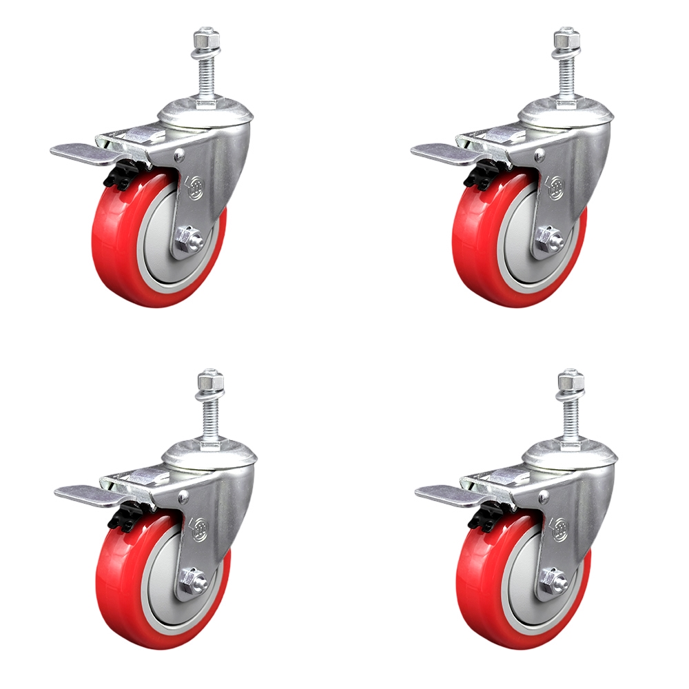 SCC-TSTTL20S414-PPUB-RED-M1015-4 Polyurethane Swivel Threaded Stem Caster with 4 x 1.25 in. Red Wheels & 10 mm Stems - Set of 4