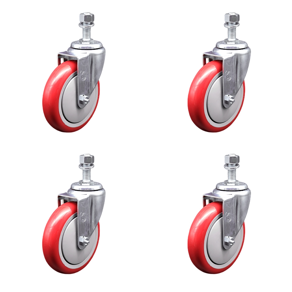 SCC-SSTS20S514-PPUB-RED-M1215-4 Stainless Steel Polyurethane Swivel Threaded Stem Caster with 5 x 1.25 in. Red Wheels & 12 mm Stems - Set of 4