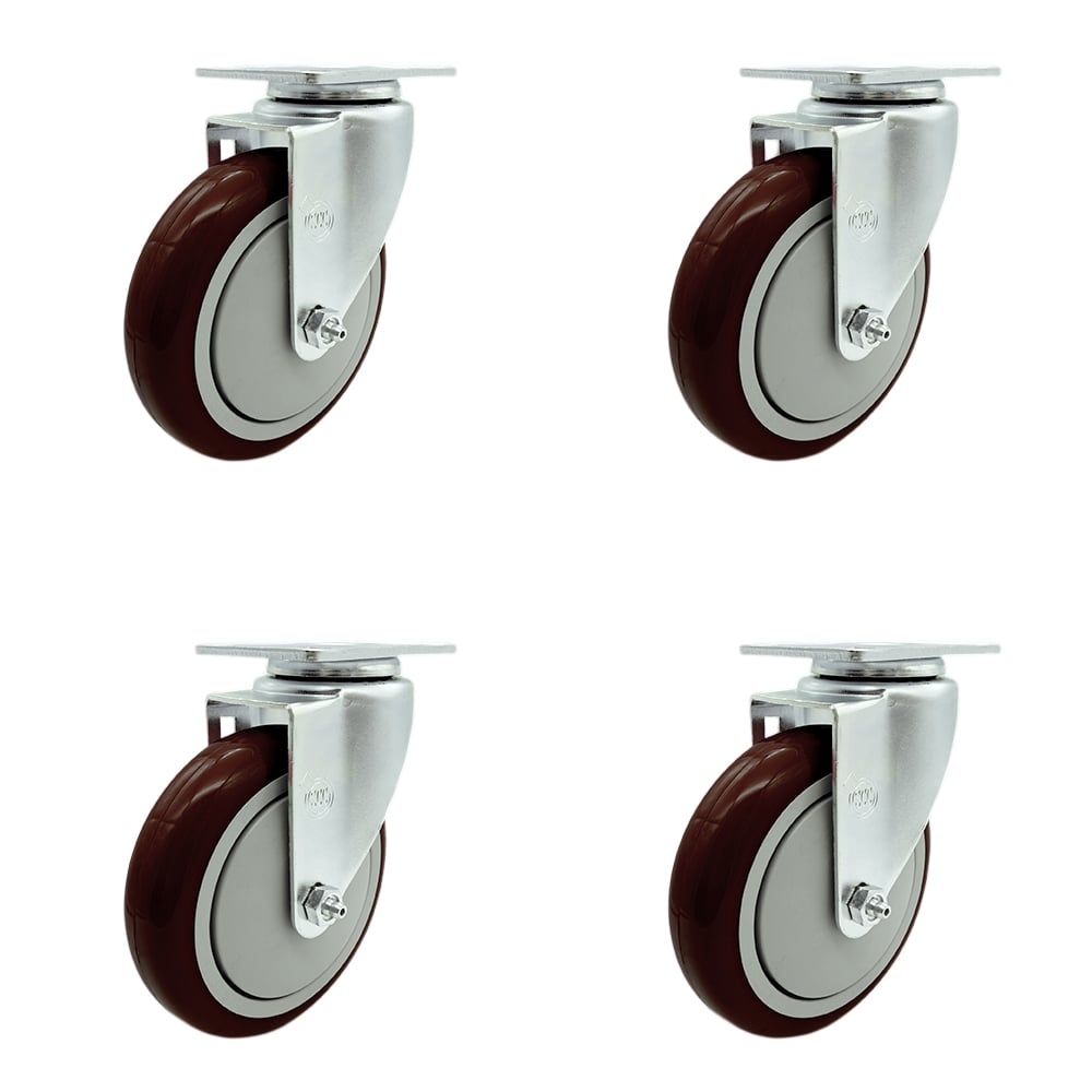 SCC-SS20S514-PPUB-MRN-4 Stainless Steel Polyurethane Swivel Top Plate Caster with 5 x 1.25 in. Maroon Wheels - Set of 4