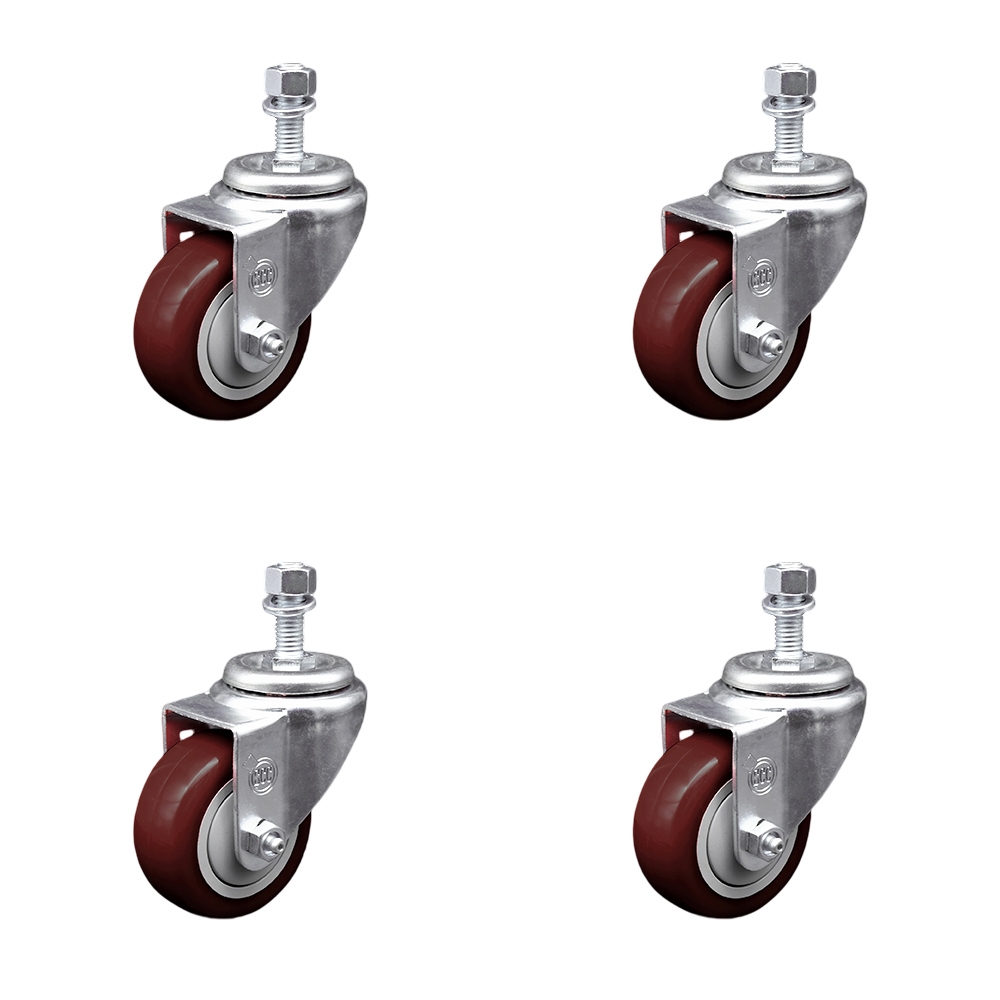 SCC-TS20S314-PPUB-MRN-121315-4 Polyurethane Swivel Threaded Stem Caster with 3 x 1.25 in. Maroon Wheels & 0.5 in. Stems - Set of 4