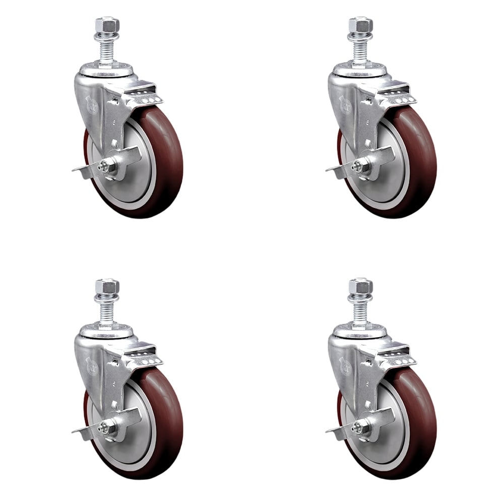 SCC-TS20S514-PPUB-MRN-TLB-121315-4 Polyurethane Swivel Threaded Stem Caster with 5 x 1.25 in. Maroon Wheels & 0.5 in. Stems - Set of 4