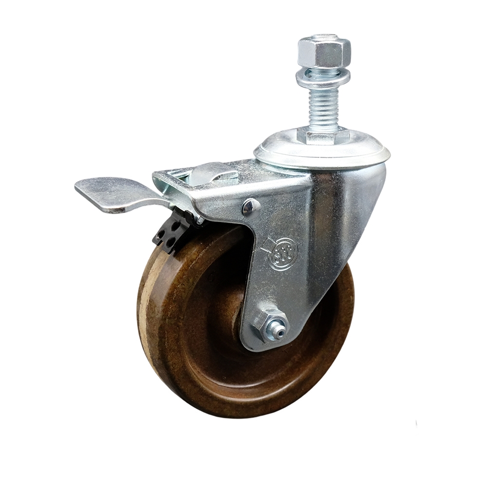 Stainless Steel High Temperature Phenolic Swivel Threaded Stem Caster with 4 x 1.25 in. Brown Wheel & 12 mm Stem & Total Locking Brake