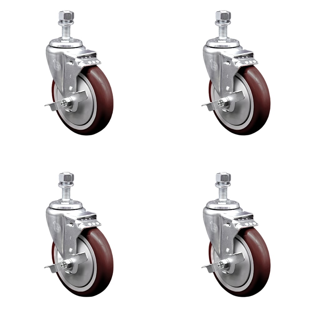 Stainless Steel Polyurethane Swivel Threaded Stem Caster with 5 x 1.25 in. Maroon Wheels & 0.5 in. Stems - Set of 4